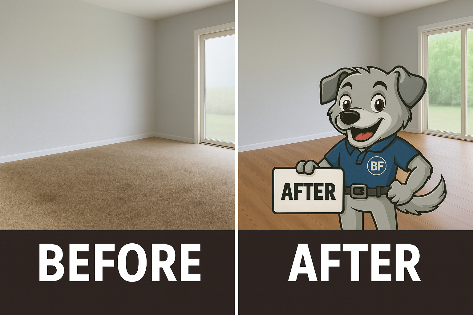 Before and after flooring installation by Best Flooring in Indianapolis showing carpet replaced with luxury vinyl plank flooring.