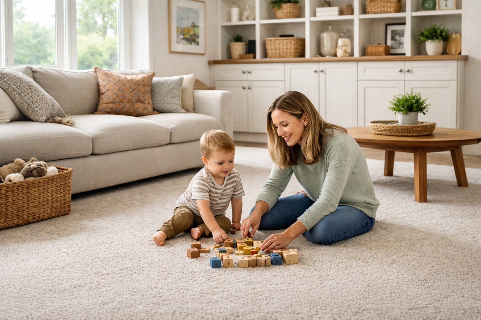 Mom playing with a toddler on soft SmartStrand® carpet in a bright Indianapolis living room with built-in cabinets, highlighting durable, kid-friendly carpet for everyday family use.