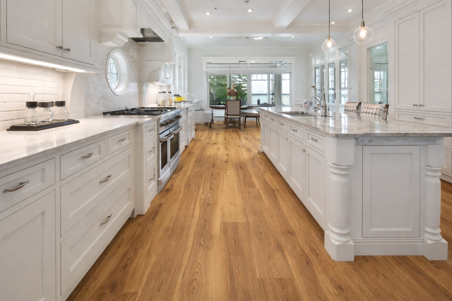 Warm medium-tone RevWood® laminated wood flooring with natural oak grain installed in a bright white kitchen featuring shaker-style cabinets, marble countertops, a large island, and abundant natural light from windows at the back of the space.