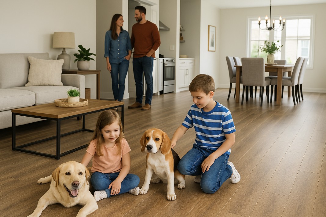Family with two dogs sitting on hardwood flooring in a bright living room, representing pet-friendly flooring options by Best Flooring Indianapolis.