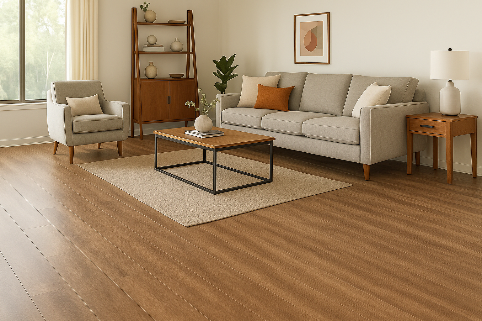 Modern living room with newly installed waterproof flooring by Best Flooring Indianapolis, ideal for kitchens, bathrooms, and basements.