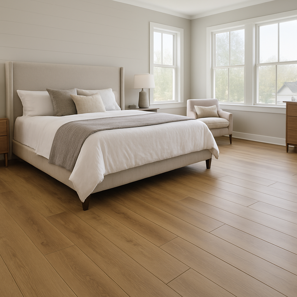 Modern master bedroom in a suburban craftsman home with wide plank RevWood® flooring, light natural wood tones, bright daylight from large windows, and minimal furnishings including a low platform bed and soft neutral textiles.