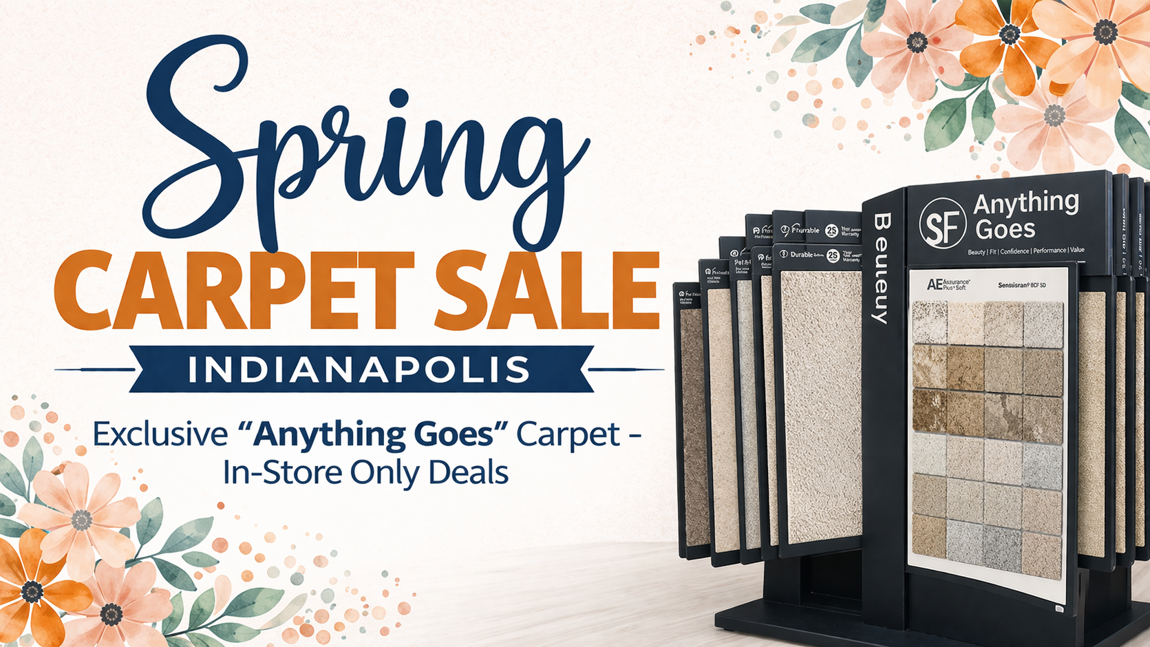 Spring carpet sale in Indianapolis featuring Anything Goes carpet display with in-store only deals at Best Flooring