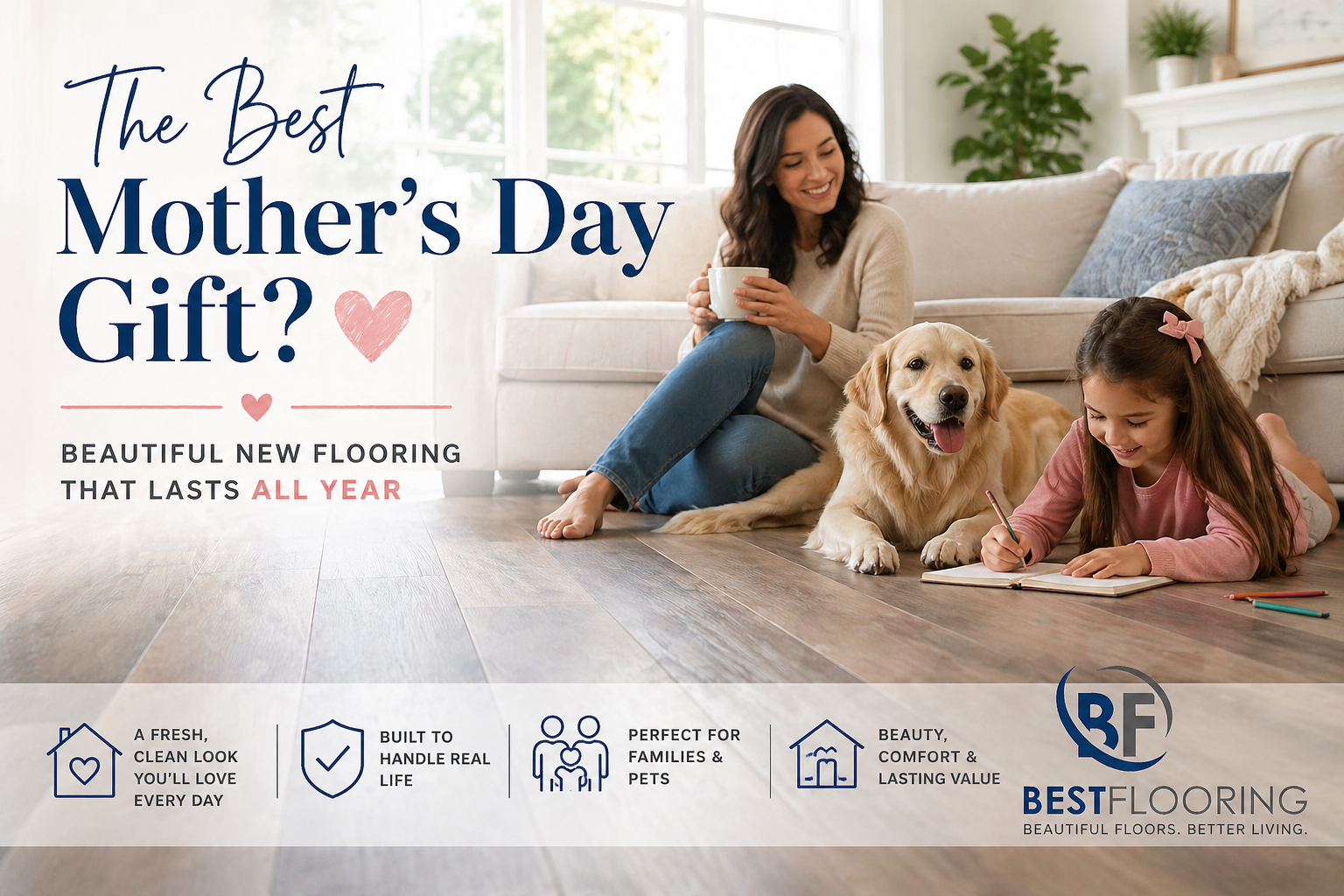 beautiful new flooring in a modern home with family relaxing together