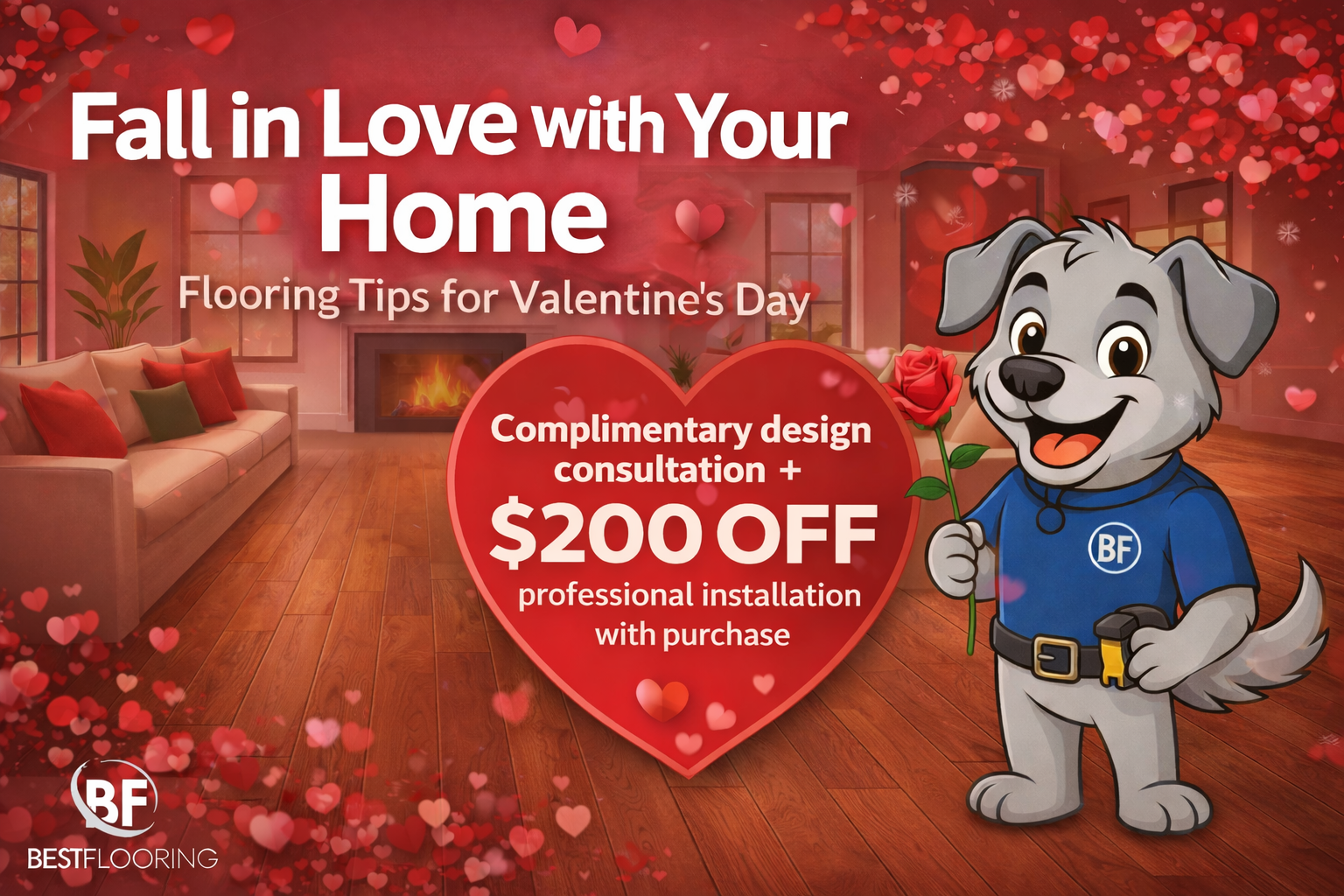 Best Flooring Valentine’s Day flooring promotion featuring hardwood floors, complimentary design consultation, and $200 off professional installation